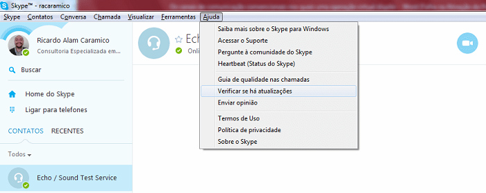 Menu de Ajuda do Skype.